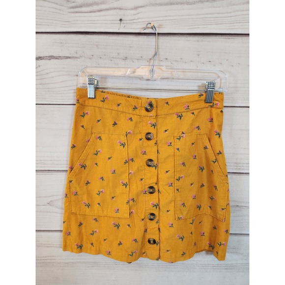 American Eagle Womens Yellow Floral Corduroy Button Front Mini Skirt Size Small - Picture 1 of 6
